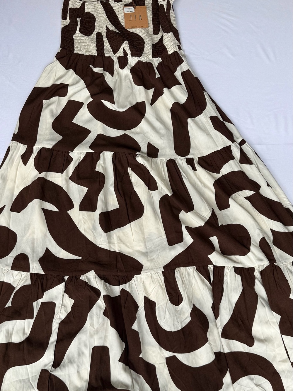 ATL One Shoulder Abstract Print Maxi Dress XL Brown Cream Smocked Boho - Picture 2 of 4